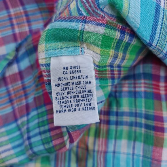 Polo Ralph Lauren Shirt Mens Medium Blue Linen Long Sleeve Button Up Plaid Top - Picture 7 of 7